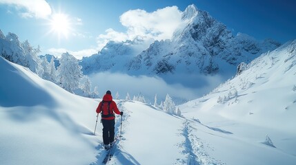 A skier treks through a snow covered landscape with snow covered mountains in the background
