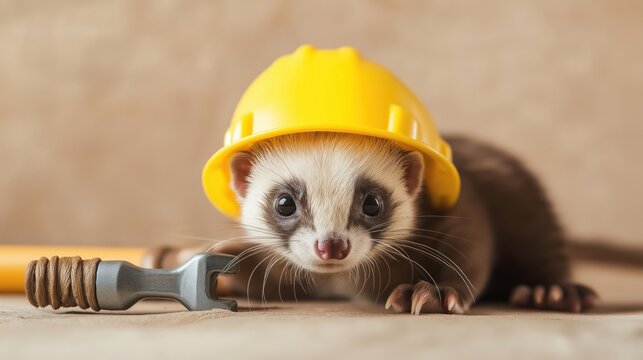Adorable ferret wearing a yellow hard hat with tiny wrench