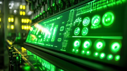 Obraz premium Green Digital Interface with Data Visualizations and Control Elements