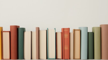 Colorful row of books on a minimalist shelf: aesthetic and contemporary home library decor