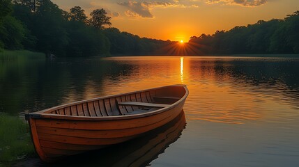 Obraz premium Sunset lake rowboat peaceful nature serenity calm