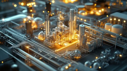 Fototapeta premium Industrial Complex with Illuminated Structures and Pipelines at Night