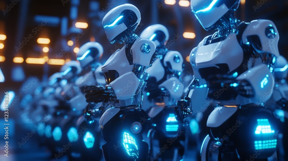 Wall mural futuristic robots with neon lights in a high-tech environment