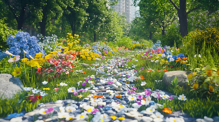 Urban park spring flowers stream path