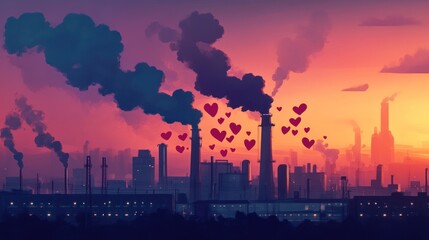 Fototapeta premium Smokestacks emitting pollution at sunset, hearts float above.