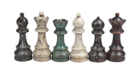 A Collection of Vintage and Weathered Chess Pieces Including Bishops, Queens, and Rooks, Isolated on Transparent and White Background