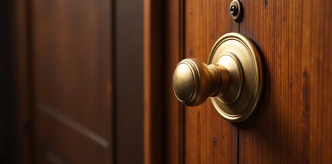 Fototapeta premium Elegant brass door handle and latch on rich veneer door , contemporary, style