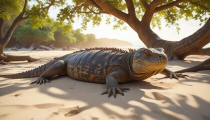 Fototapeta premium Large reptile lying still on sandy beach under tree branches, wildlife, reptile, nature