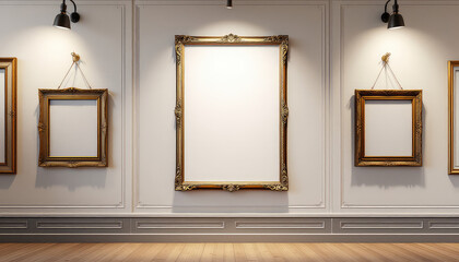 Three ornate gold frames with intricate designs hang on a white wall, accompanied by two blank white canvas paintings. A4 frame mockup