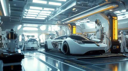 Fototapeta premium Futuristic Car Design in High-Tech Laboratory with Robots