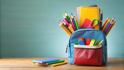 Fototapeta premium A colorful flyer design with a background image of a pencil case or a school bag