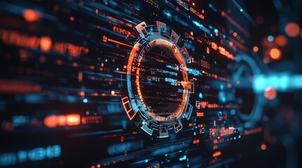 An abstract visualization of ISO certification, gears symbolizing systematic processes, overlaid with compliance-related keywords, dynamic graphics