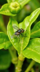 Fototapeta premium Macro close up of a fly sitting on a vibrant green pepper plant leaf in a garden, close-up, nature, green