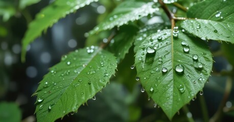 Macro shot of glistening waterdrops on green leaves, outdoor, morning