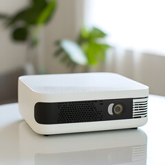 compact and sleek portable projector sits on white table in bright room