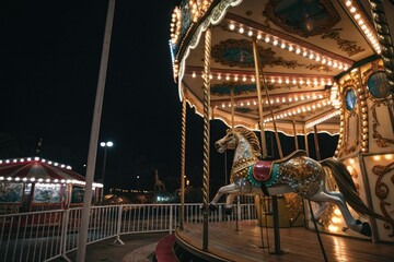 Obraz premium Merry go around with shiny horse and vibrant lights at night, nighttime, sparkling lights, fairground, amusement park
