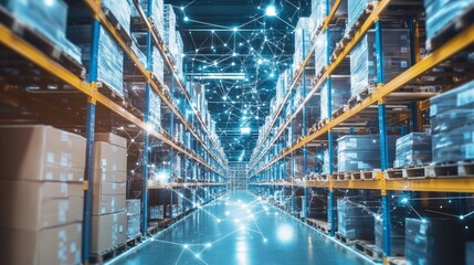 Obraz premium Modern Warehouse with Connected Technology and Digital Network Illustration