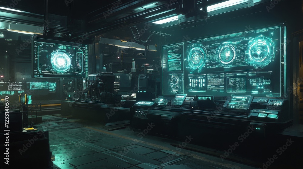Wall mural futuristic control room with advanced technology and interactive display