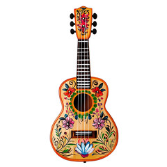 Traditional Mexican Guitar With Flower Ornament for a Flower Festival. Isolated on a Transparent Background. Cutout PNG.