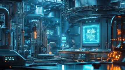 Futuristic Industrial Laboratory with Neon Lighting and Equipment