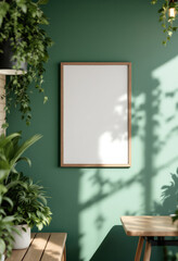 A white framed picture hangs on a green wall, accompanied by two potted plants and a wooden table with a white vase. A4 Frame Mockup