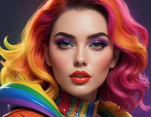 Fototapeta premium Vibrant beauty portrayal featuring colorful hair and bold makeup in a dazzling artistic setting