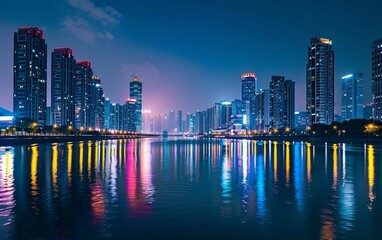 Fototapeta premium City Skyline at Night with Glittering Lights Reflecting on the Water