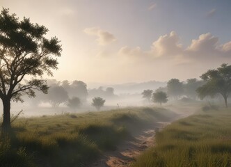 Morning haze over Indian countryside - low-lying clouds, hillside, mountains