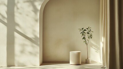Minimalist interior design with plant and soft natural lighting