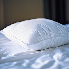 Close-up of a White Pillow on a Bed with a White Sheet Ready for Sleep