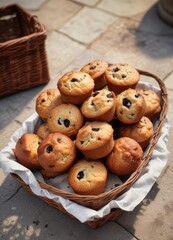 Old-fashioned cinnamon raisin muffins arranged in a vintage wicker basket on a stone patio, cobblestone, garden, outdoor furniture