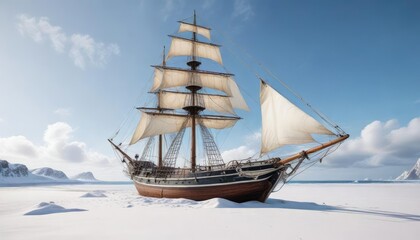 Old naval sailing ship stranded on a pristine white beach with snow-covered mast , sand, vessel, vast