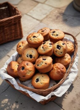 Old-fashioned cinnamon raisin muffins arranged in a vintage wicker basket on a stone patio, cobblestone, garden, outdoor furniture