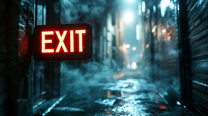 A glowing "EXIT" sign illuminates a foggy alleyway with wet streets, red brick walls, and dim streetlights, symbolizing a sense of urgency and escape in an urban environment.