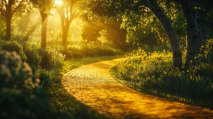 Obraz premium A beautiful park features a circular golden brick path, providing a serene and elegant setting for peaceful and sophisticated shots.