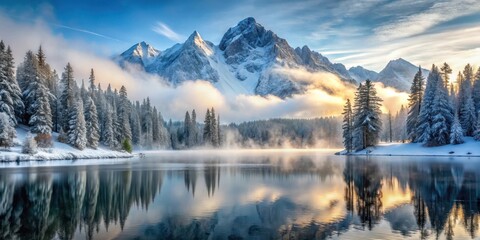 Fototapeta premium Snowy mountain peaks with frozen lake and pine trees surrounded by fog, frozen lake, fog
