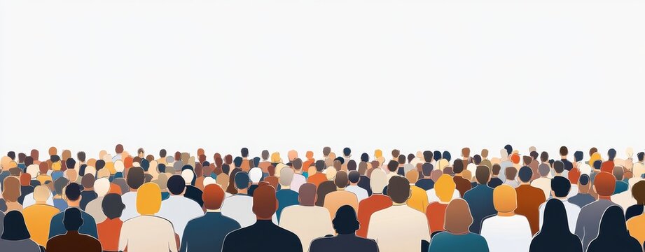 Inside a large room, a crowd has come together, with people arranged in varied postures, some standing close to the front while others are positioned farther back.