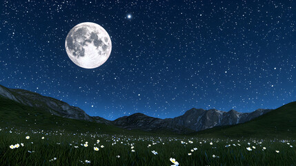 Naklejka premium Full moon over grassy mountains at night