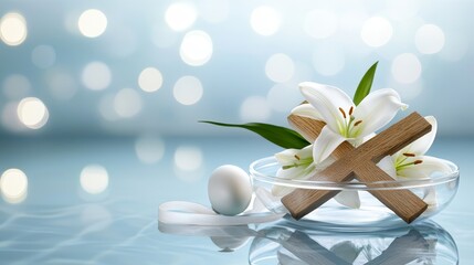 Floating wooden cross intertwined with fresh white lilies, softly illuminated on a calming blue backdrop, Easter serenity