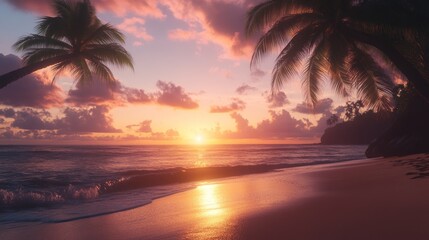 Serene Sunset Over Tranquil Beach with Palm Trees and Gentle Waves