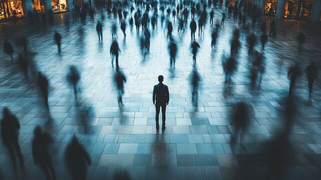 In the midst of a crowded urban environment, a person finds themselves amidst blurred, rushing figures, experiencing feelings of isolation and anxiety.