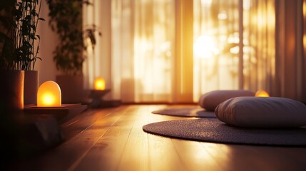 Tranquil Meditation Space with Soft Lighting and Natural Elements