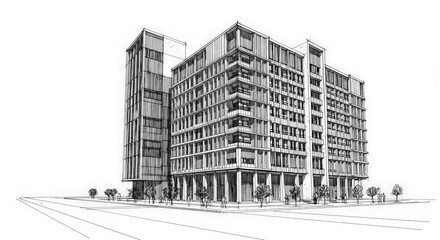 Pen and ink architectural blueprint drawings, showcasing detailed building plans with precise lines and technical design elements.