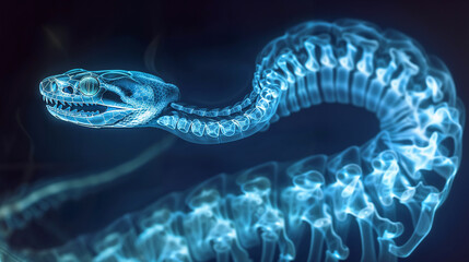 Detailed snake skeleton visualization with glowing internal structure and skull anatomy rendered in vibrant electric blue against mysterious dark backdrop