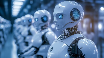 Fototapeta premium Futuristic Robots in a High-Tech Assembly Line Environment