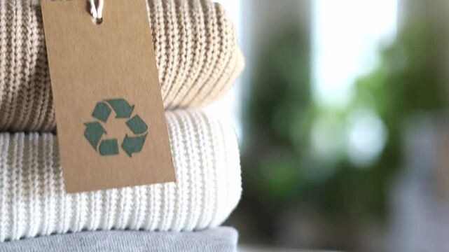 Knitted warm clothes neatly folded heap with craft tag recycling material circle arrow closeup. 