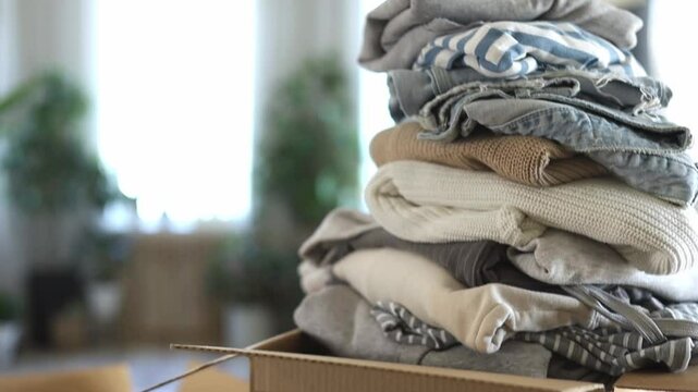 Pile of clothes in cardboard box donating for recycling reusing at living room with houseplant. 