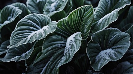 Obraz premium Lush green hosta leaves covered with light frost in a serene garden setting during early morning