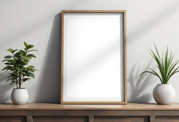 A wooden shelf holds a white vase with a green plant and a white vase with a tall plant, accompanied by a blank white picture frame. A4 Frame Mockup