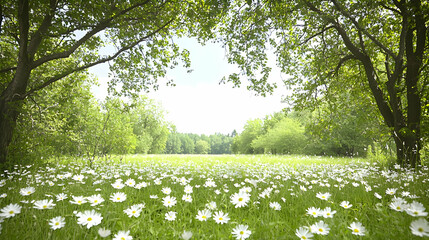 Spring meadow, daisy field, trees arch, sunny day, nature backdrop